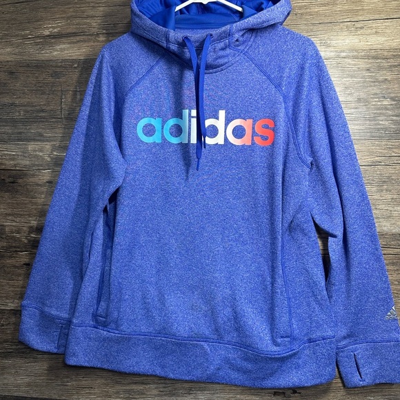 adidas heathered Blue Hoodie Sweatshirt with Multicolor Logo - Picture 1 of 7